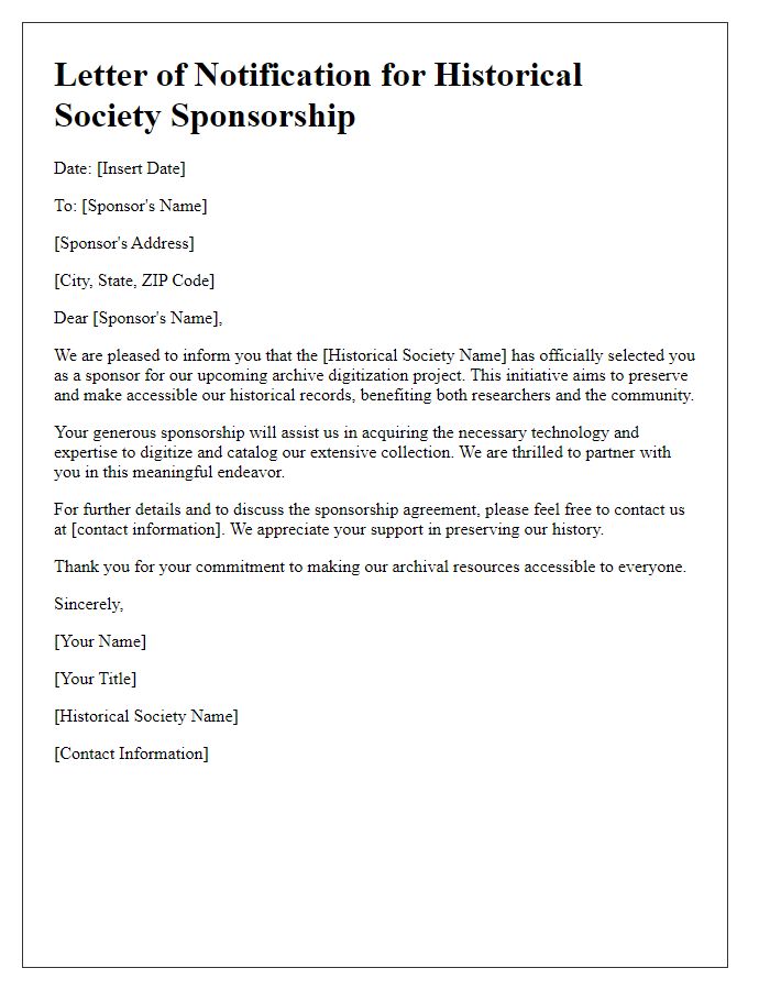 Letter template of notification for historical society sponsorship for archive digitization.