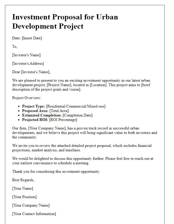 Letter template of urban development project investment opportunity