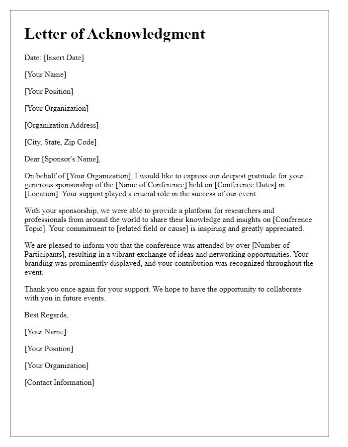 Letter template of acknowledgment for international conference sponsorship.