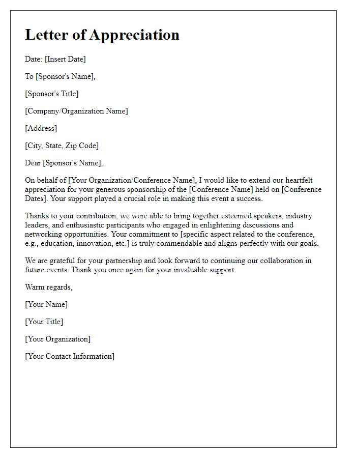 Letter template of appreciation for international conference sponsorship.