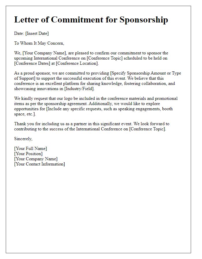 Letter template of commitment for international conference sponsorship.