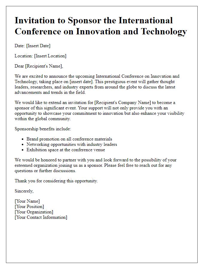 Letter template of invitation for international conference sponsorship.