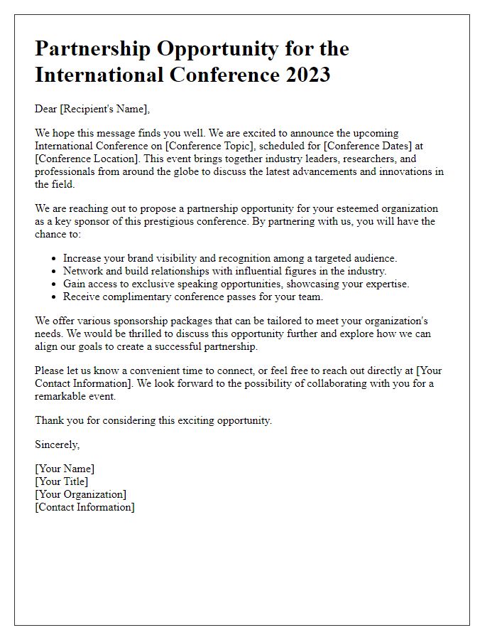 Letter template of partnership opportunity for international conference sponsorship.