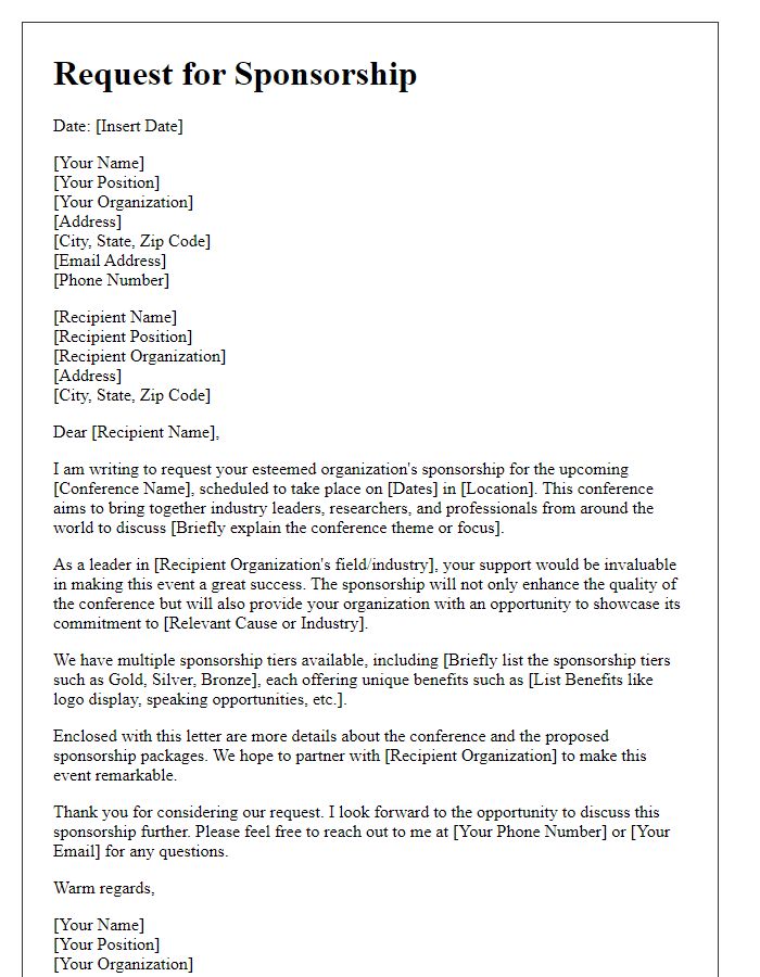 Letter template of request for international conference sponsorship.