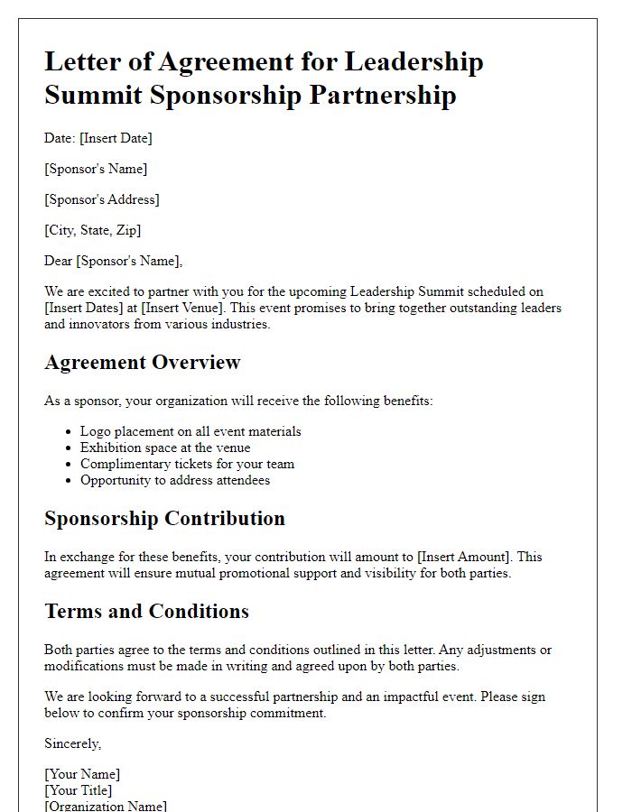 Letter template of agreement for leadership summit sponsorship partnership