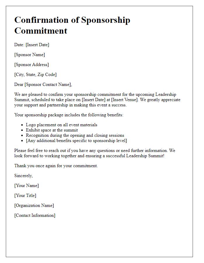 Letter template of confirmation for leadership summit sponsorship commitment