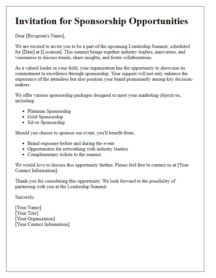 Letter template of invitation for sponsorship opportunities at leadership summit