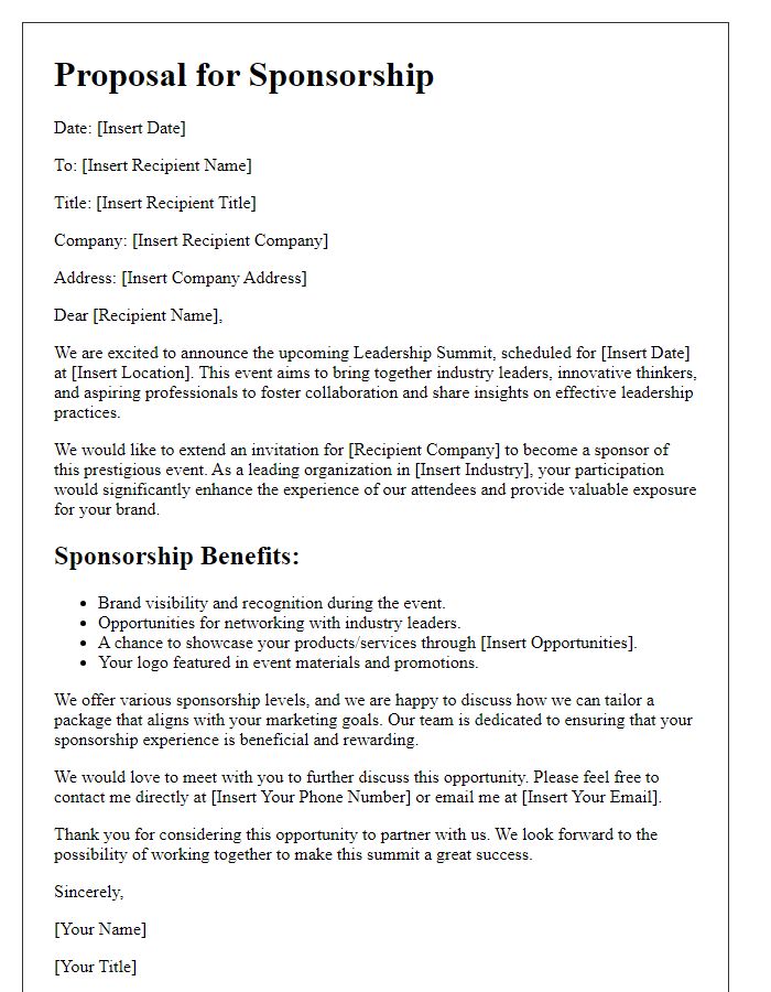 Letter template of proposal for becoming a leadership summit sponsor