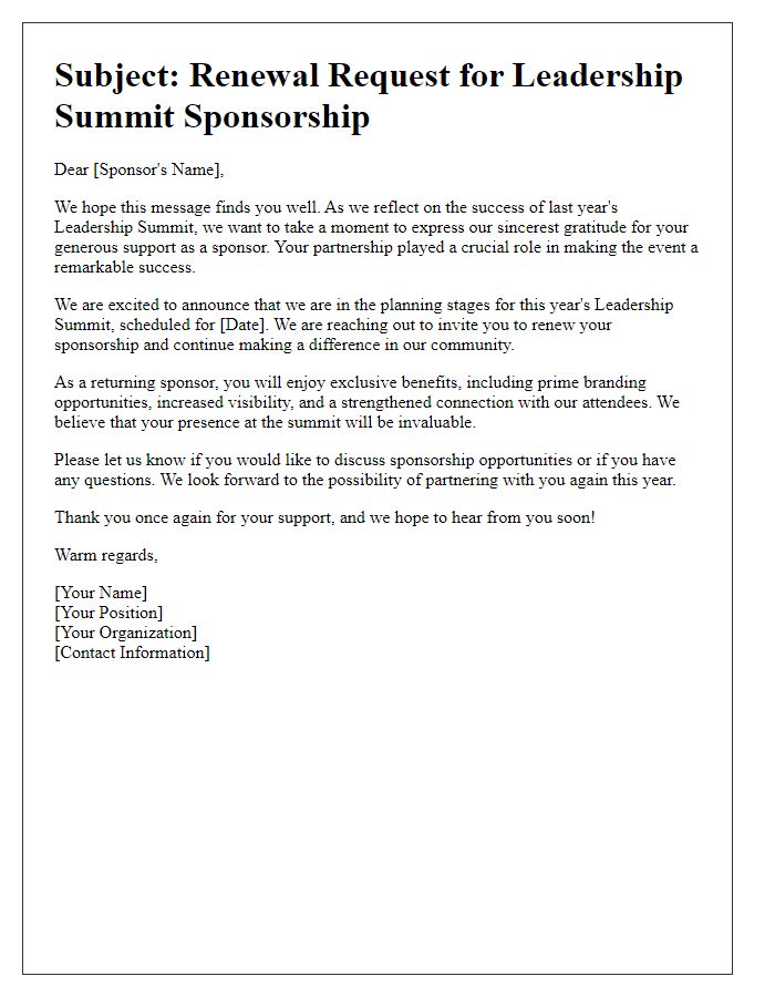 Letter template of renewal request for past leadership summit sponsors