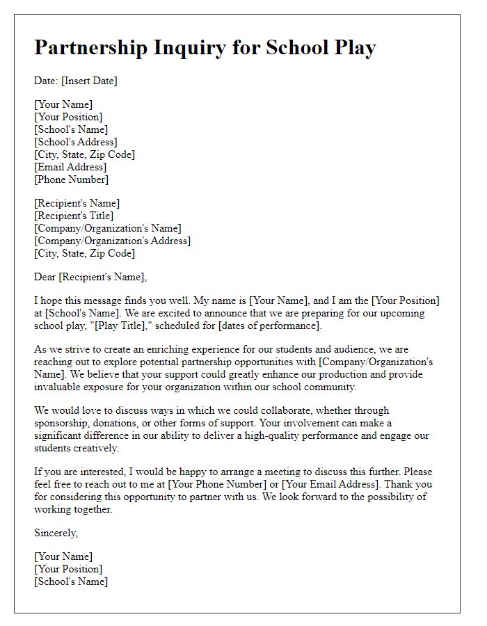 Letter template of partnership inquiry for school play