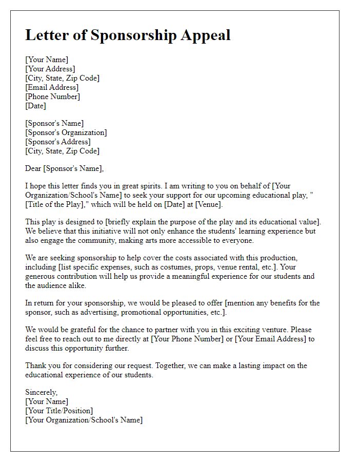 Letter template of sponsorship appeal for educational play