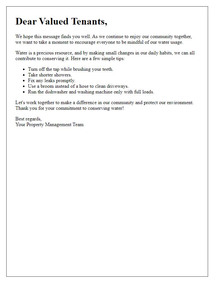 Letter template of encouragement for tenants to conserve water