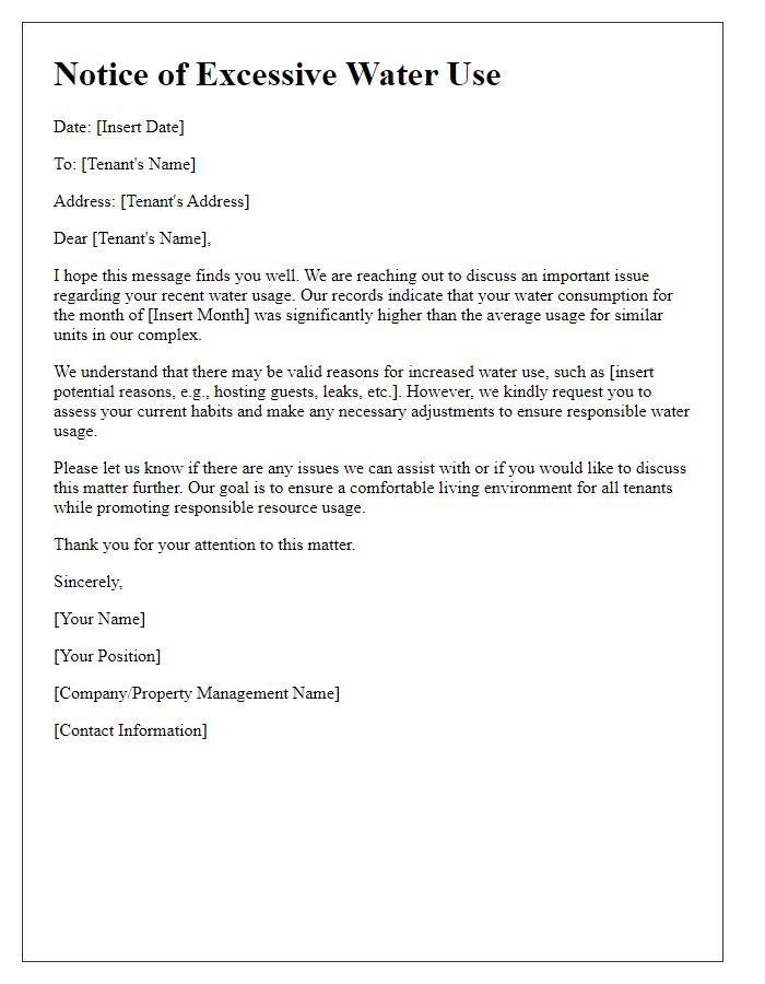 Letter template of issue regarding excessive water use by tenant