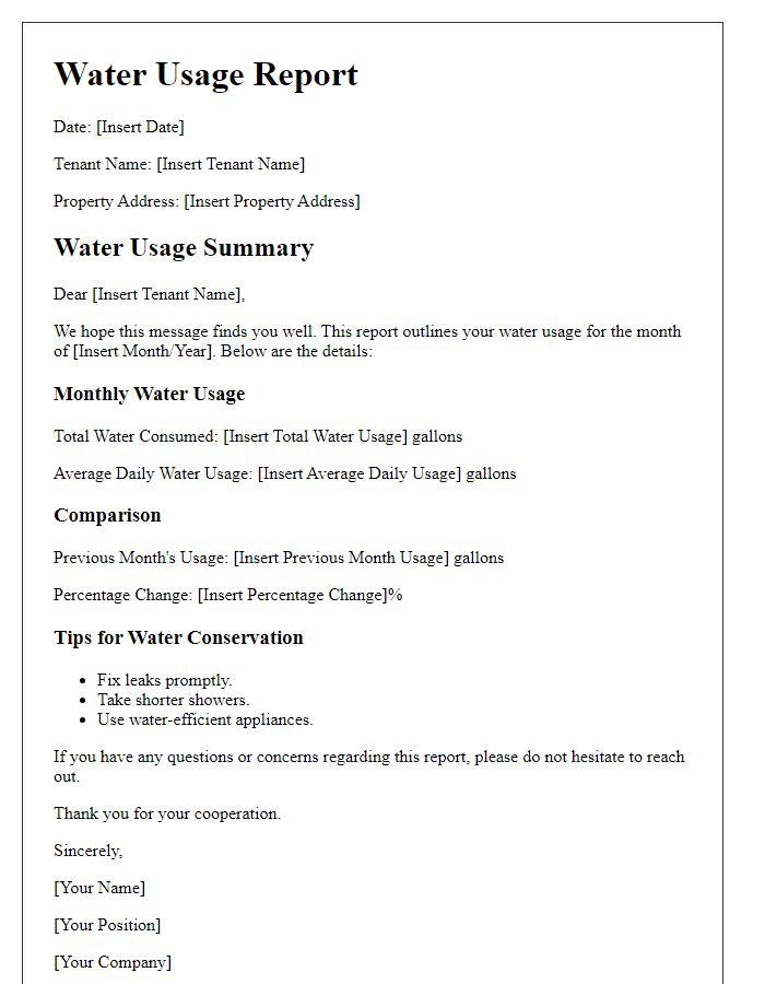 Letter template of water usage report for tenants