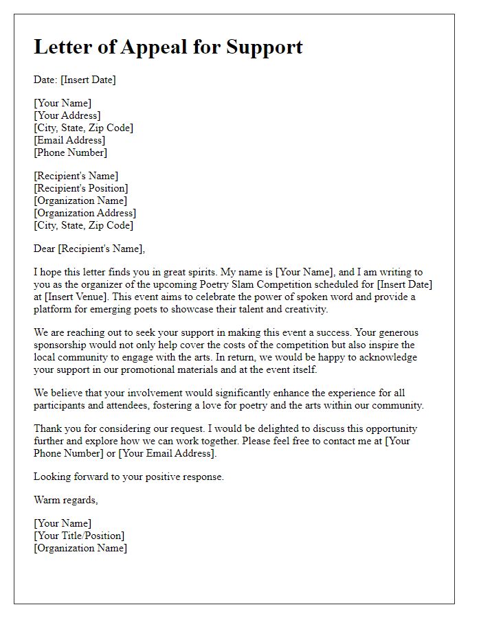 Letter template of appeal for support for poetry slam competition