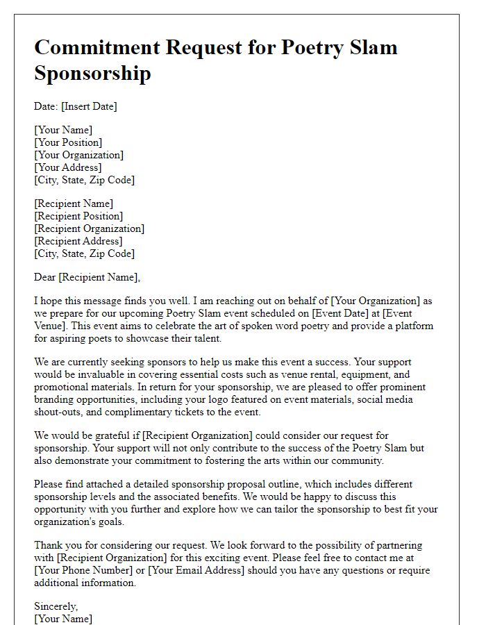 Letter template of commitment request for poetry slam sponsorship