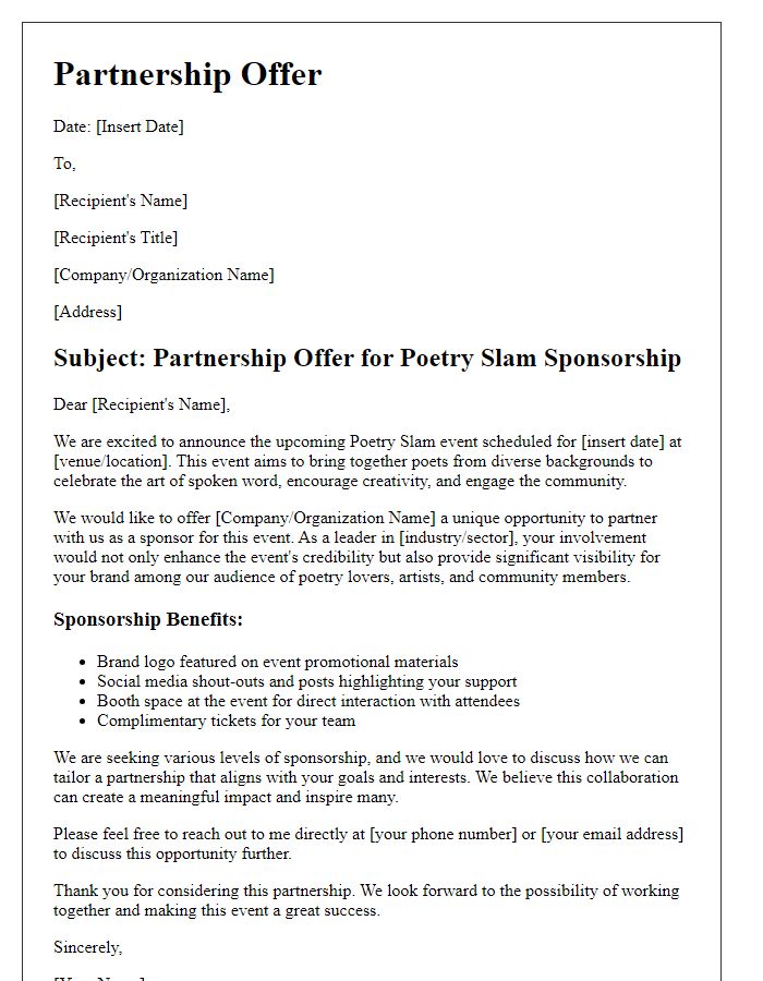 Letter template of partnership offer for poetry slam sponsorship