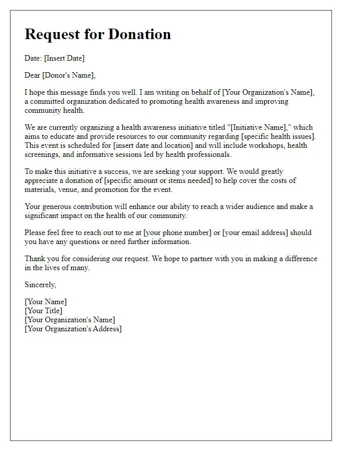 Letter template of donation request for health awareness initiative.