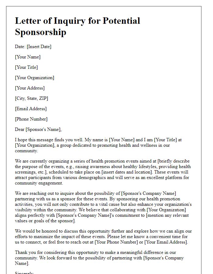 Letter template of inquiry for potential sponsorship of health promotion events.