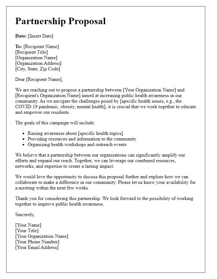 Letter template of partnership proposal for public health awareness campaign.