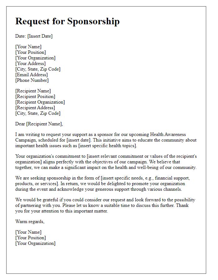 Letter template of request for health awareness campaign sponsorship.