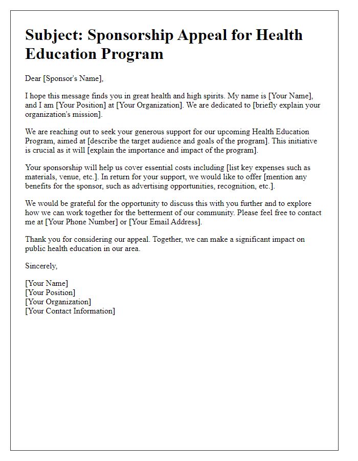 Letter template of sponsorship appeal for health education program.