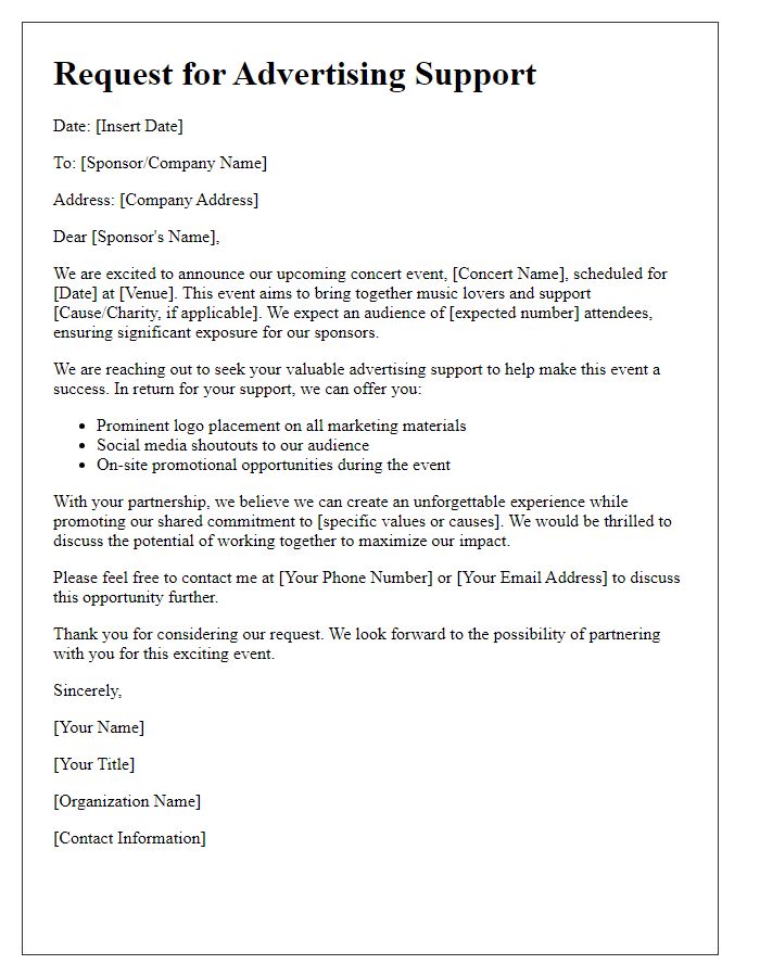 Letter template of advertising support appeal for concert event.