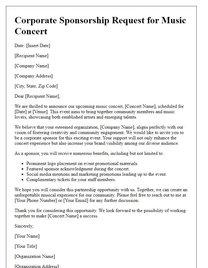 Letter template of corporate sponsorship request for music concert.