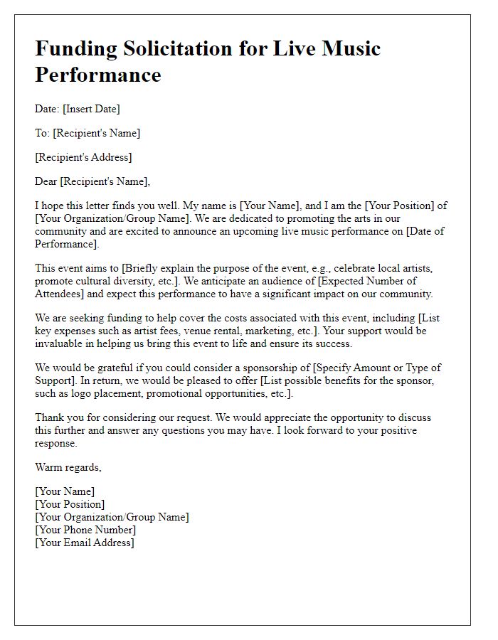 Letter template of funding solicitation for live music performance.