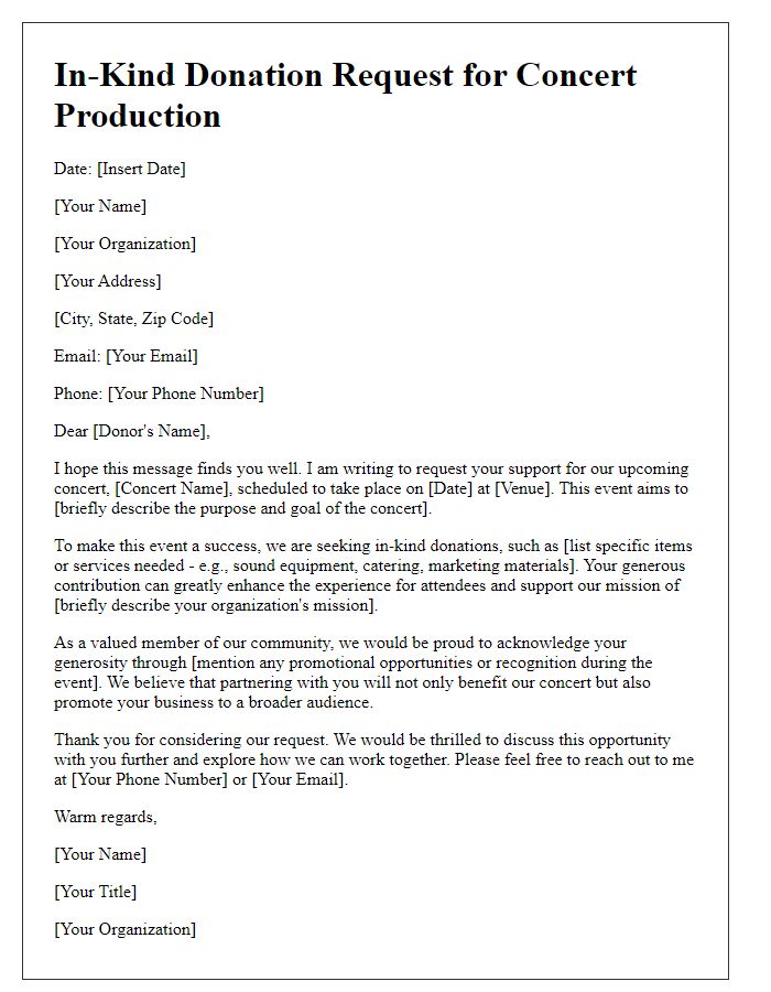 Letter template of in-kind donation request for concert production.