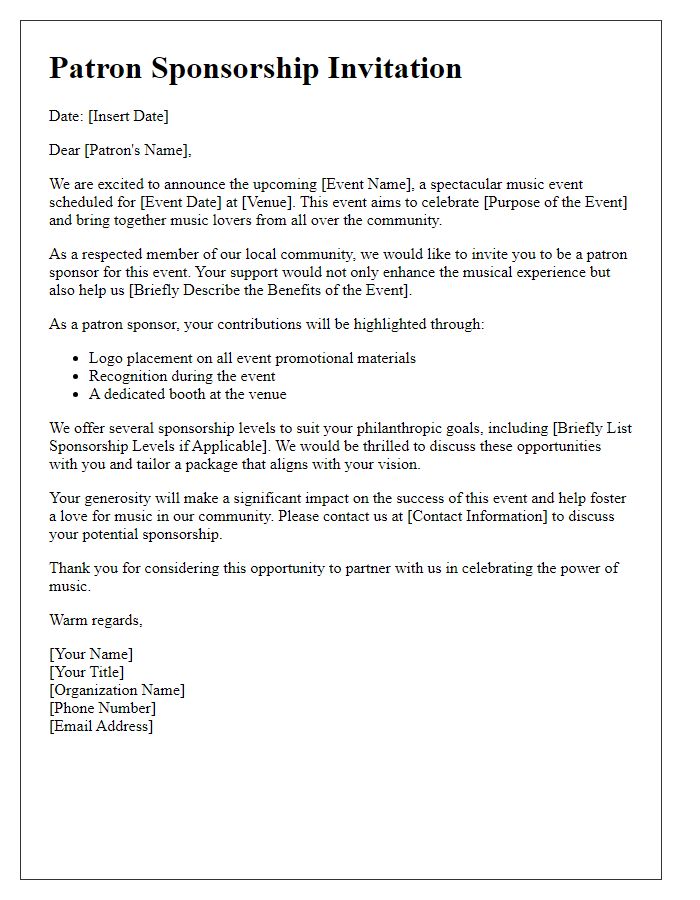 Letter template of patron sponsorship letter for music event.