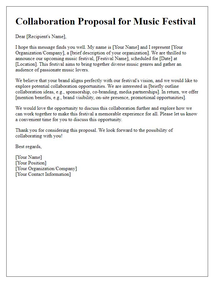 Letter template of promotional collaboration request for music festival.