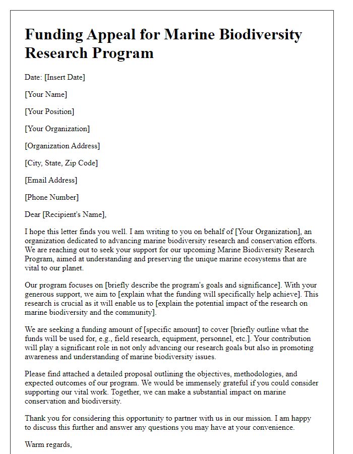 Letter template of funding appeal for a marine biodiversity research program