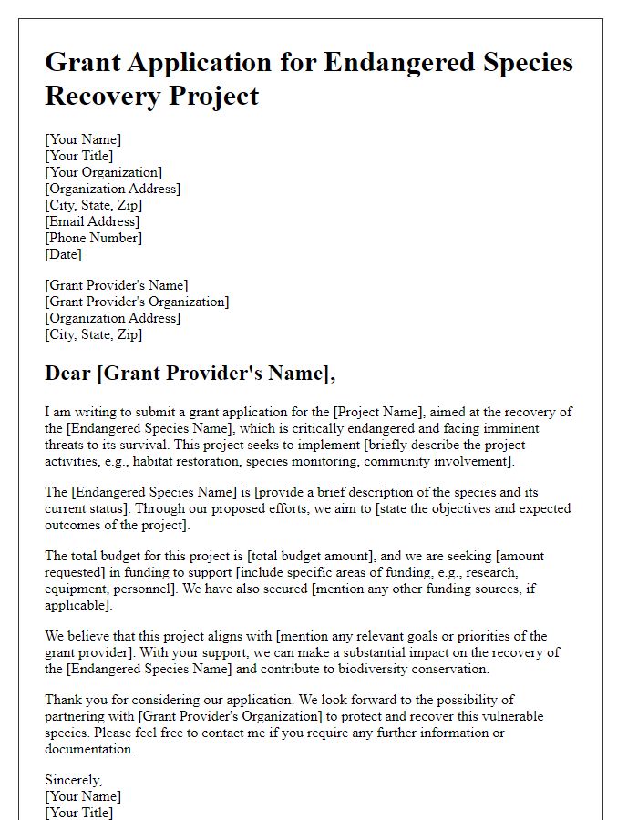 Letter template of grant application for an endangered species recovery project