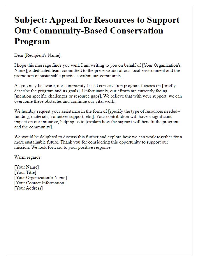 Letter template of resource appeal for a community-based conservation program