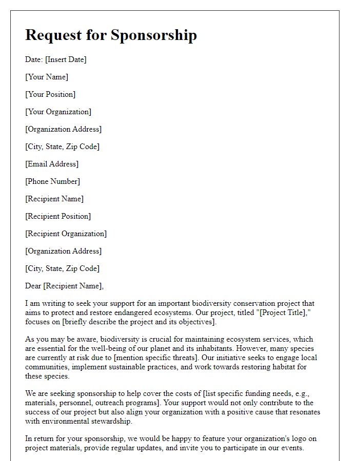 Letter template of sponsorship request for a biodiversity conservation project