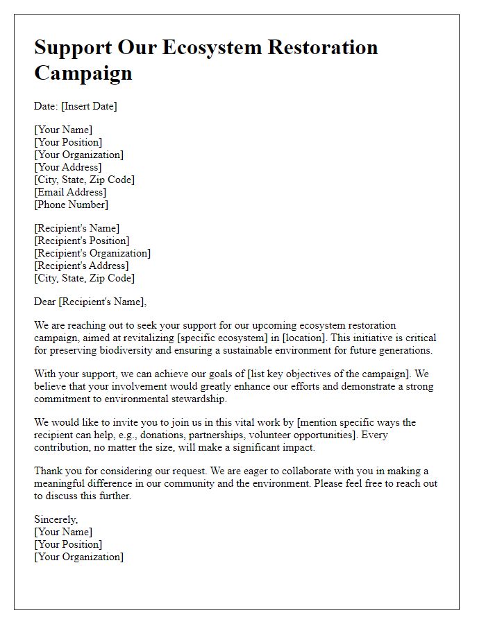 Letter template of support solicitation for an ecosystem restoration campaign