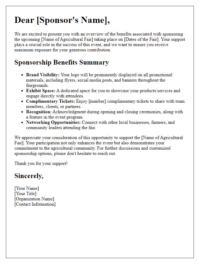 Letter template of agricultural fair sponsorship benefits summary