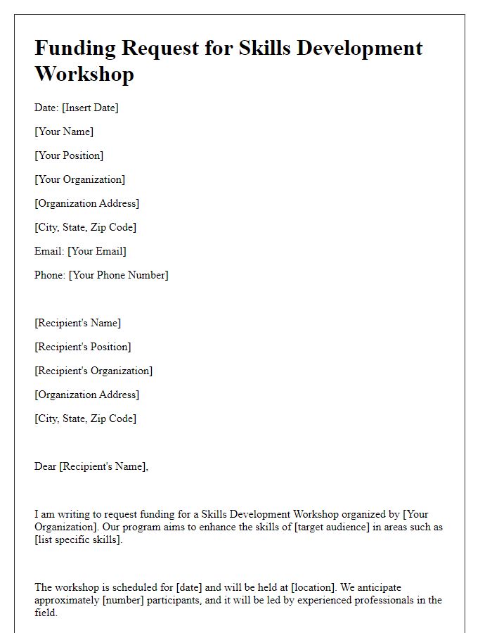 Letter template of funding request for skills development workshop.