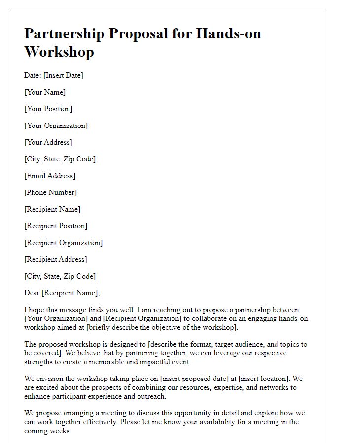 Letter template of partnership proposal for hands-on workshop.