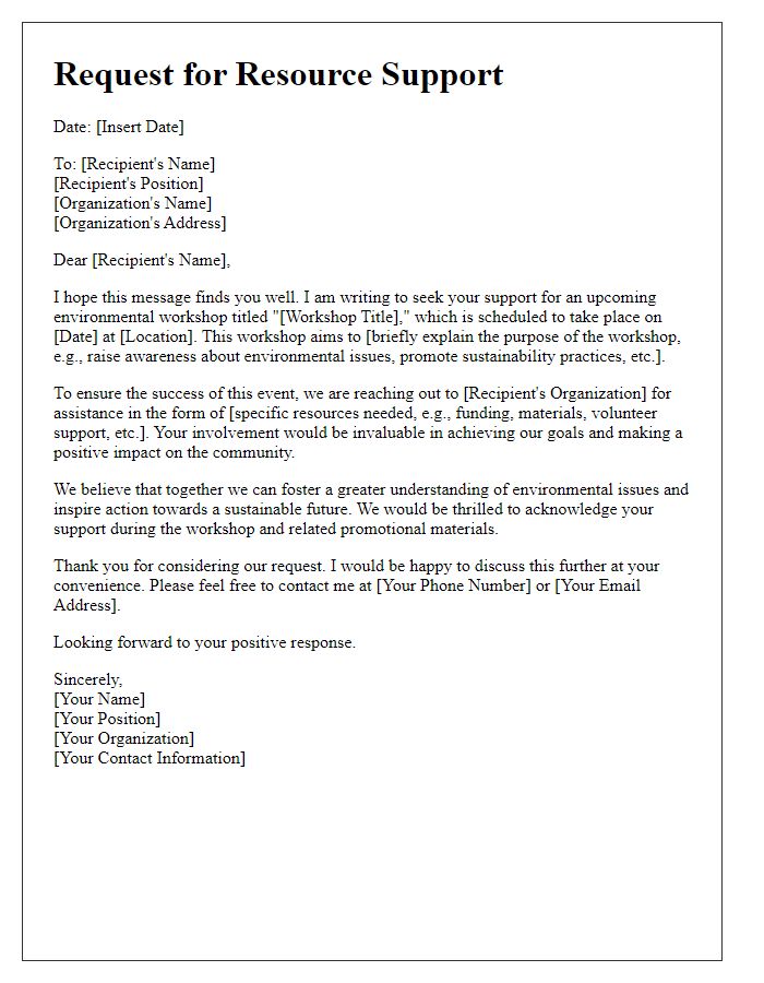 Letter template of resource support request for environmental workshop.