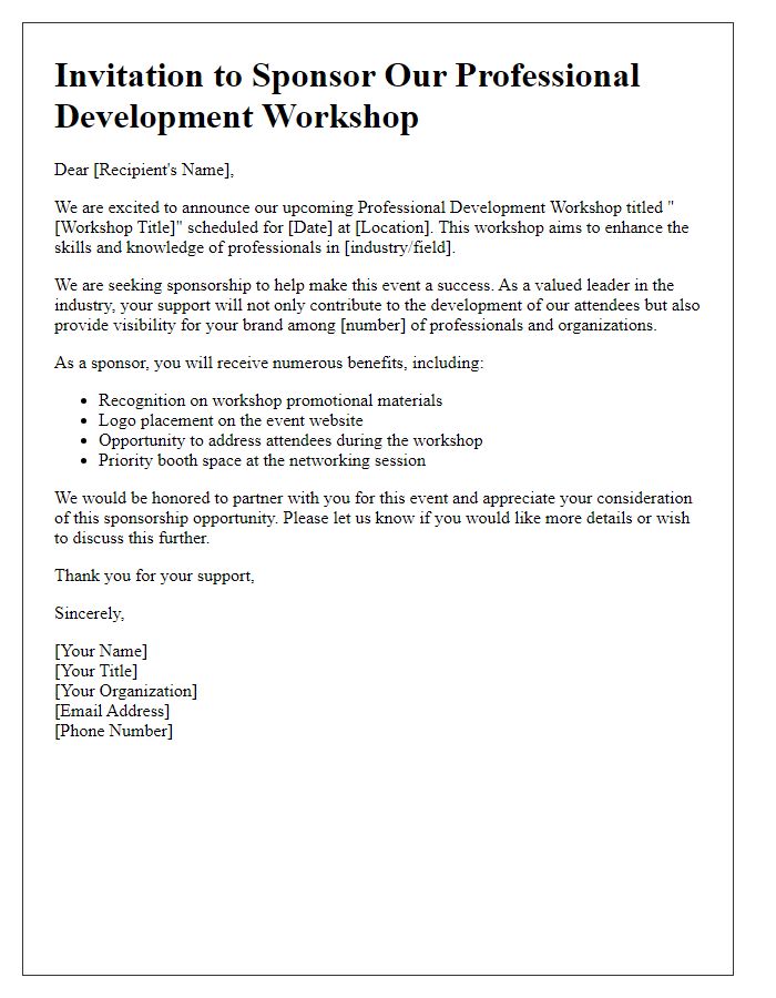 Letter template of sponsorship invitation for professional development workshop.