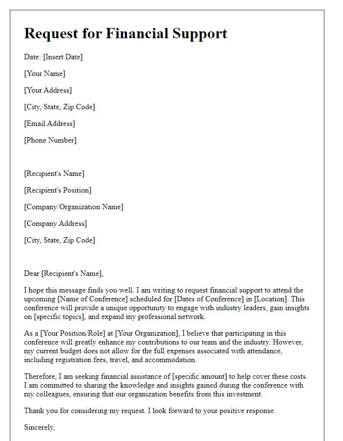 Letter template of financial support request for industry conference.