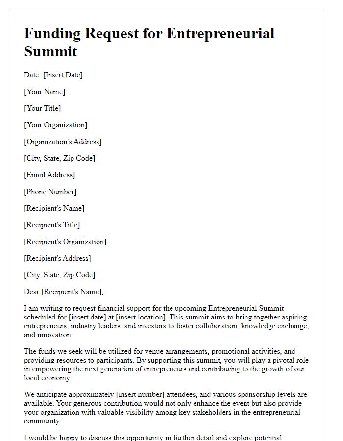 Letter template of funding request for entrepreneurial summit.