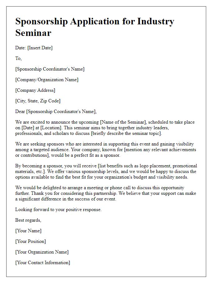 Letter template of sponsorship application for industry seminar.