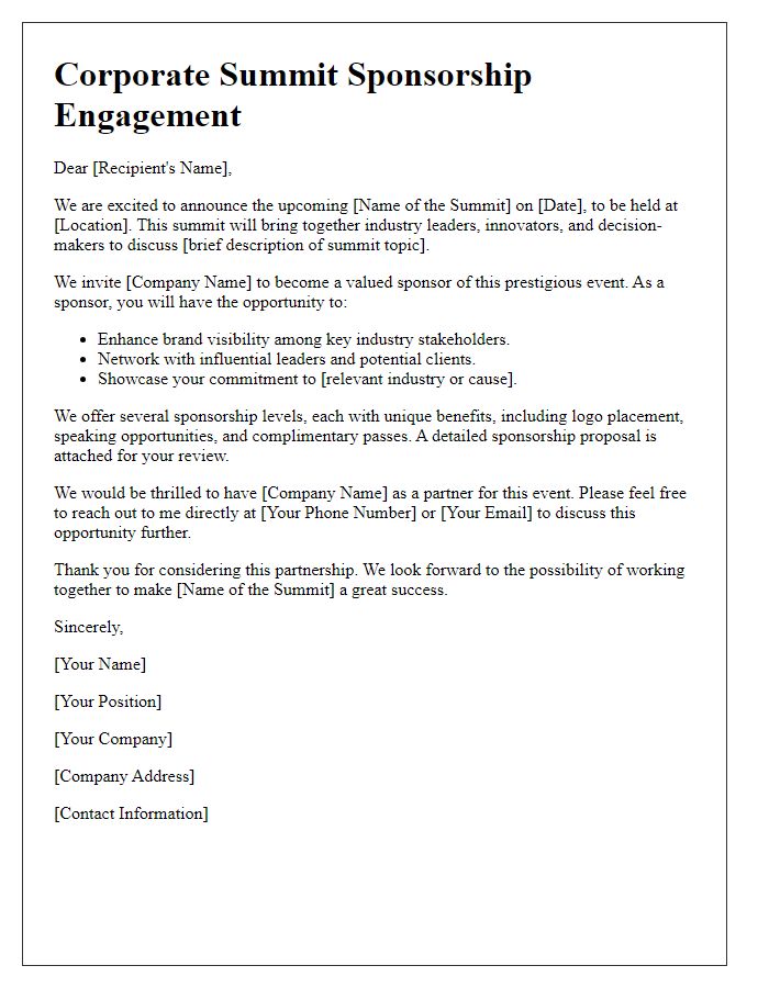 Letter template of sponsorship engagement for corporate summit.