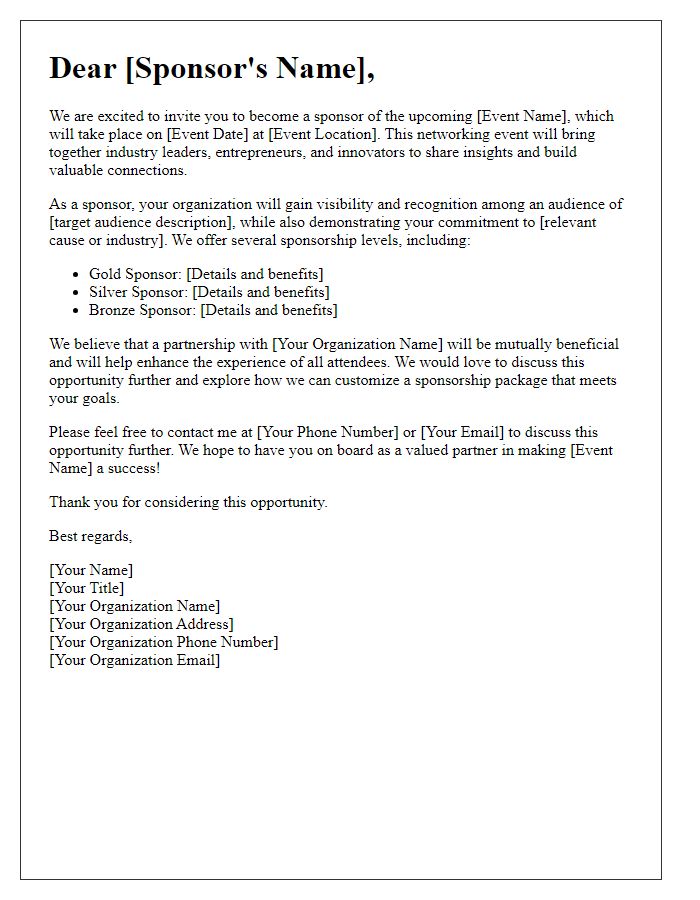 Letter template of sponsorship offer for networking event.