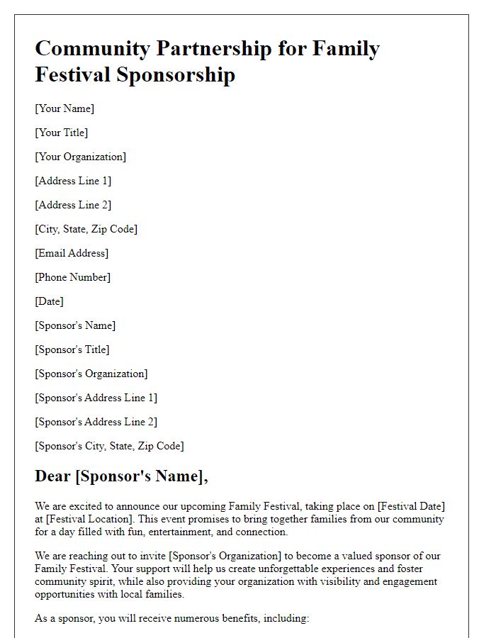 Letter template of community partnership for family festival sponsorship