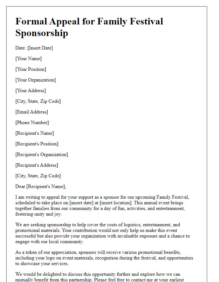 Letter template of formal appeal for family festival sponsorship