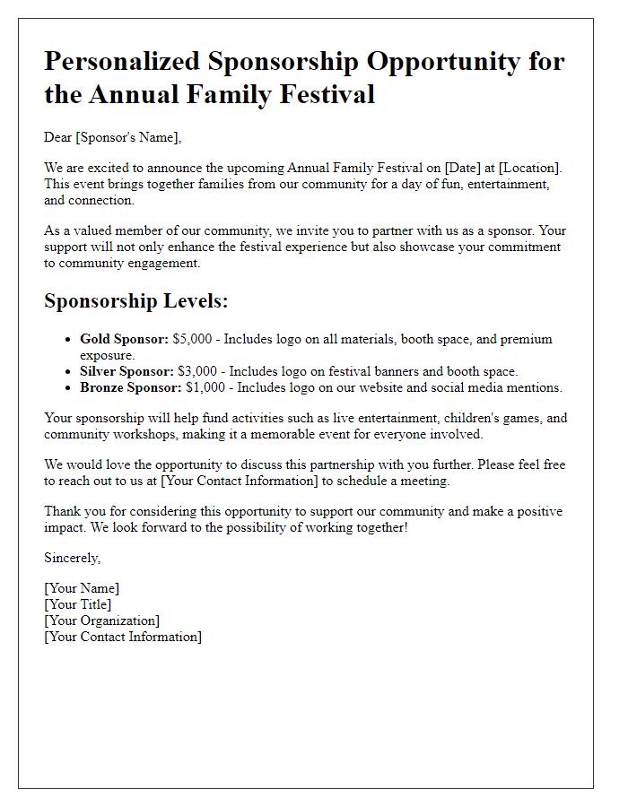 Letter template of personalized sponsorship opportunity for family festival